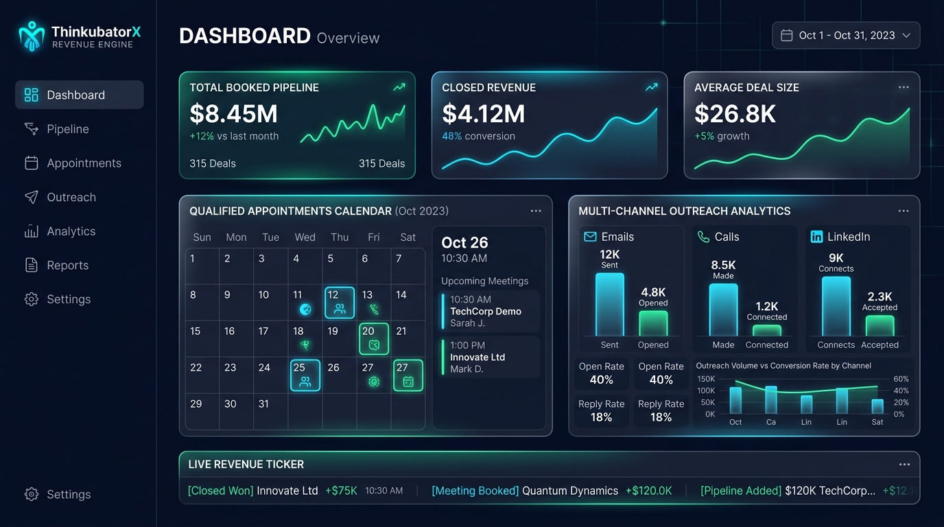ThinkubatorX Command Dashboard displaying verified decision makers, booked calendar meetings, and pipeline revenue